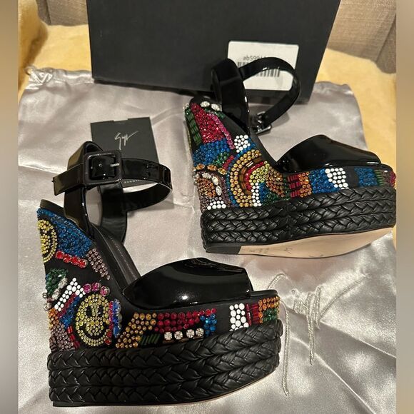 GIUSEPPE ZANOTTI LOLAS SAND, VERNICE NERO TOMAIA , LOVE & PEACE Wedge size EU 36 - Picture 9 of 15